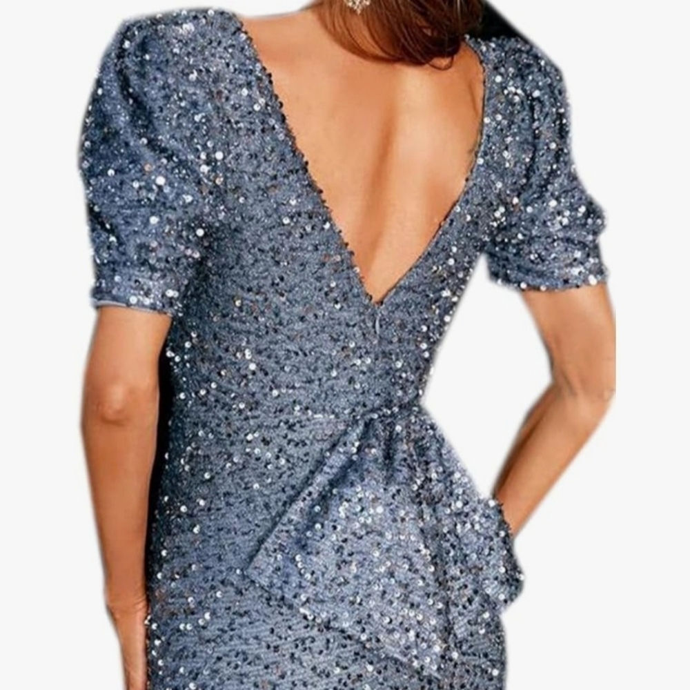 Dusty Blue, Puff Sleeve,  Big Bow, Contrast Sequined and Mesh Mermaid Gown - Picture 7 of 14